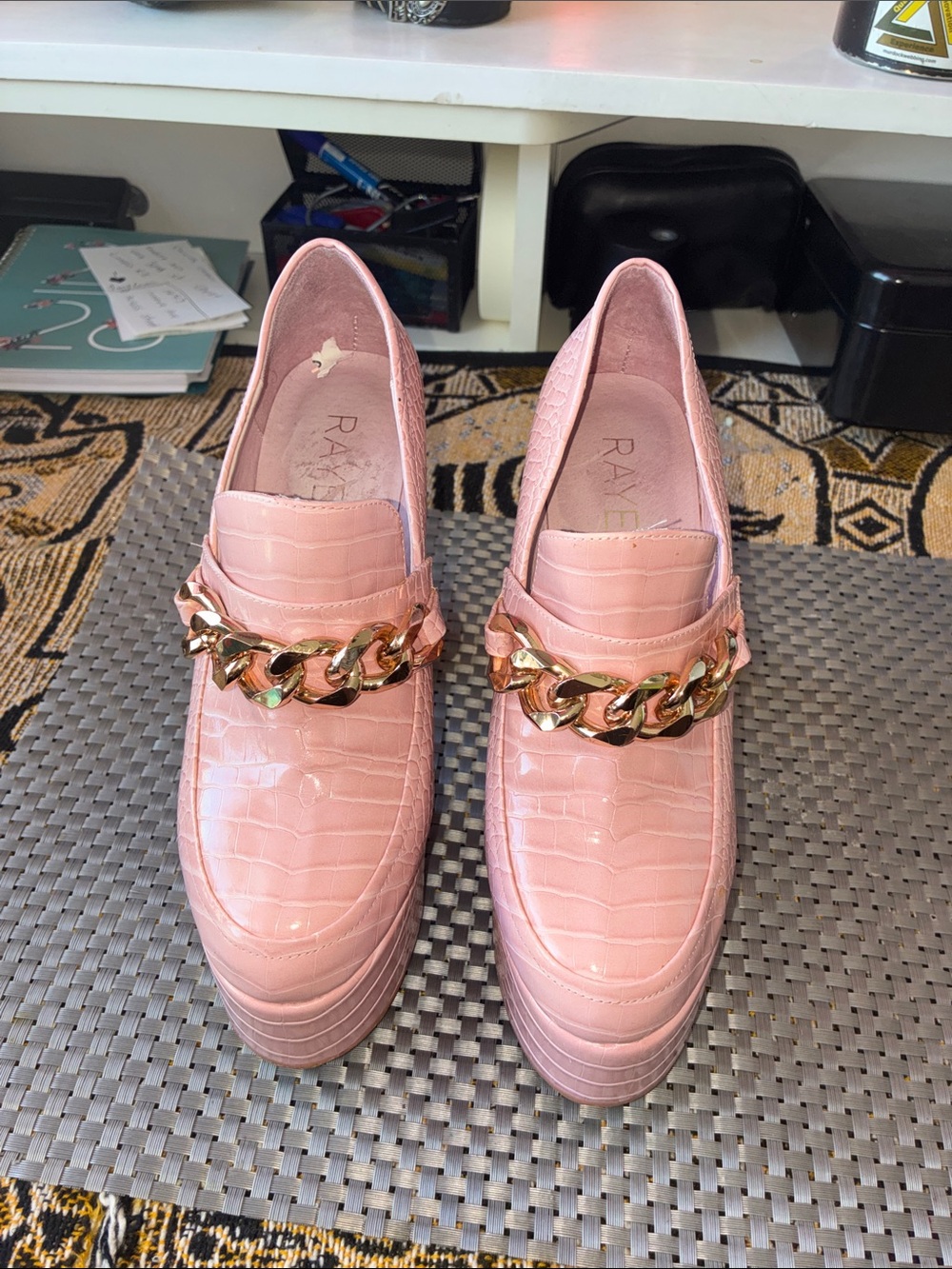 RAYE Pink Croc-Embossed Chain Platform Loafers